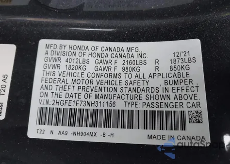2022 Honda Civic Ex z USA, uszkodzony, nr VIN 2HGFE1F73NH311156